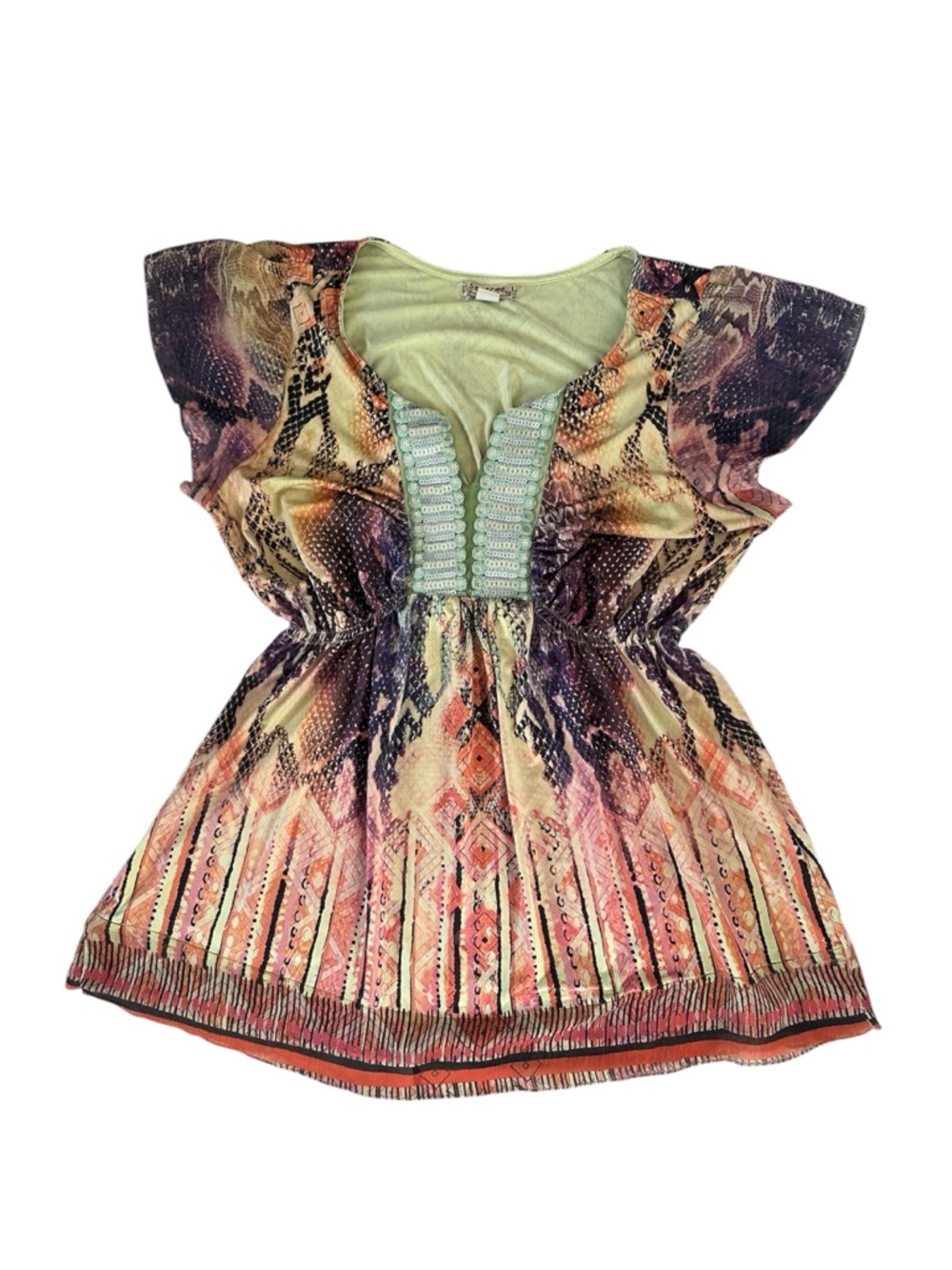Energe World Snake Print Flutter-Sleeve Babydoll Tunic Top with Sequins